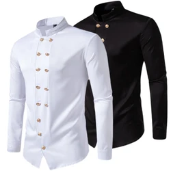 2024  New Men's Double-breasted Long-sleeved Shirt Vintage Henry Collar Solid Color Dress Shirt