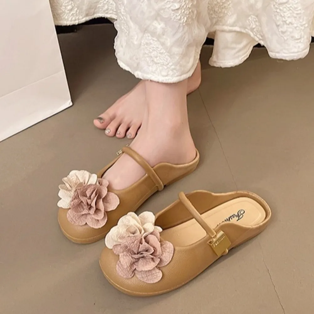 3D Sweet Floral Ladies French Flower Slippers Flat Bottomed Anti Slip Fairy Style Sandals Outer Wear Shoes Soft Sole