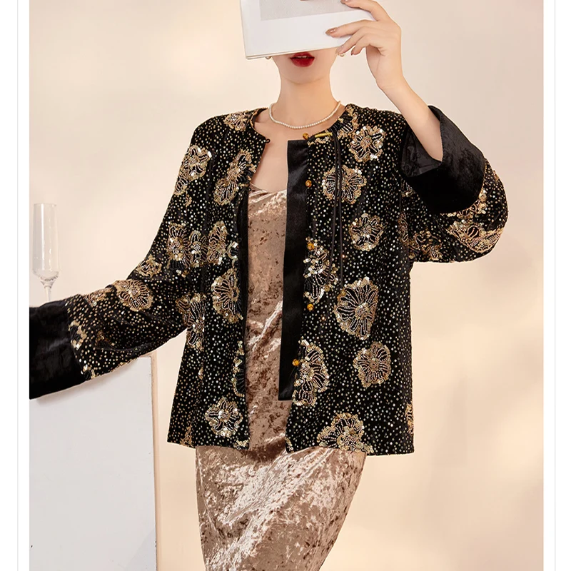 2024 New Chinese Style O-Neck Exquisite Beading+ Embroidery Brilliant and Dazzling Design Sense Luxury Coat for Women S-L