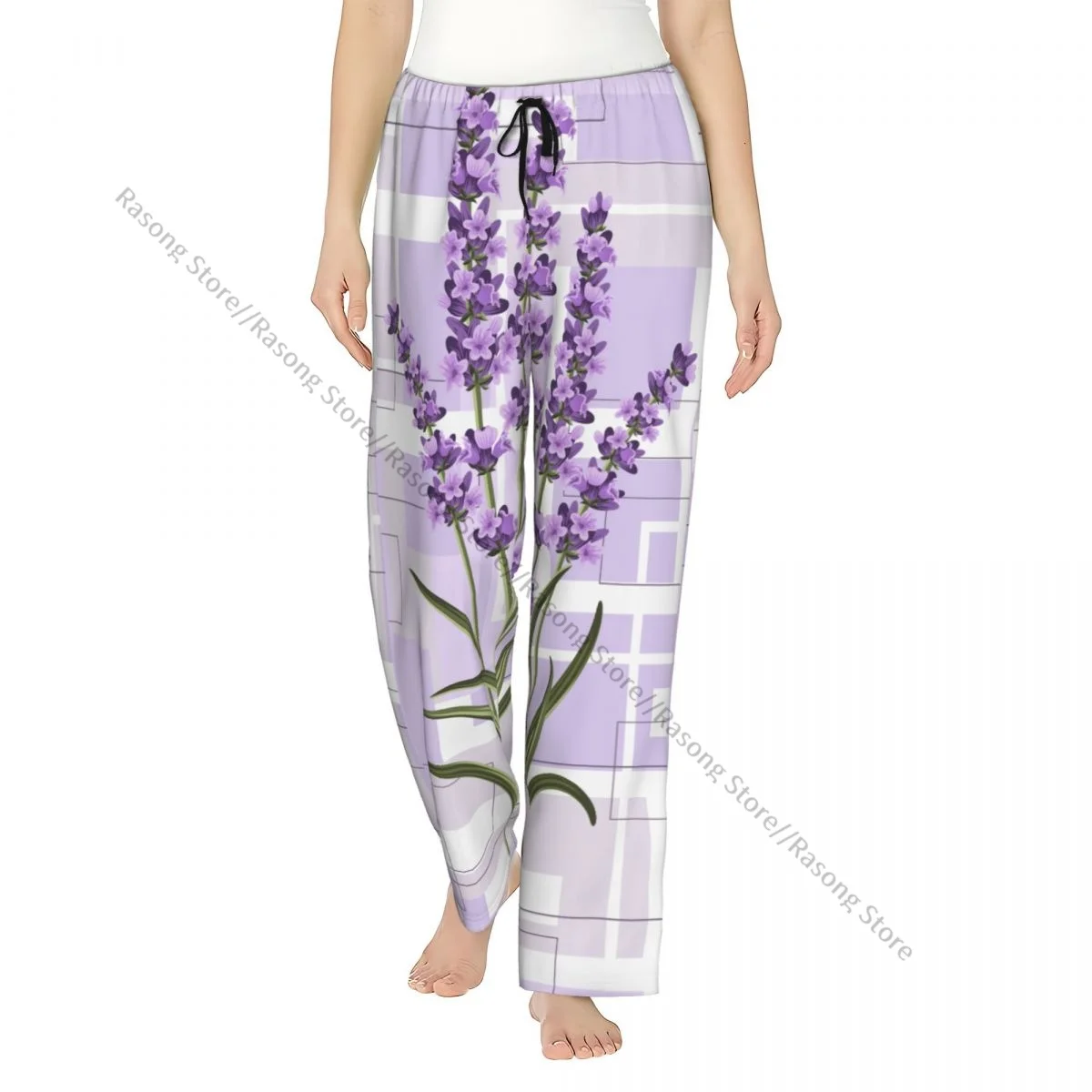 

Warm Women Pajama Pants Geometric Floral With Rectangles Flannel Sleep Bottoms Soft Fleece Loungewear