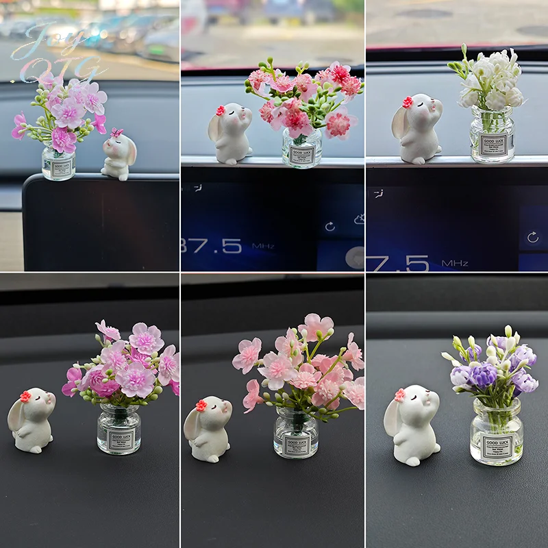 Vaso de flores com formato de rosa e coelho, decoração para interior de carro, enfeites para console central, acessórios para carro.