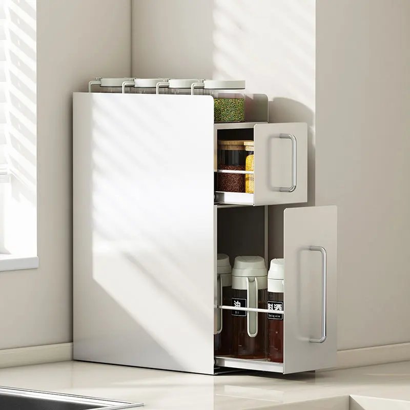 New household storage rack multi-functional seasoning tank rack side free punching and pulling seasoning storage cabinet