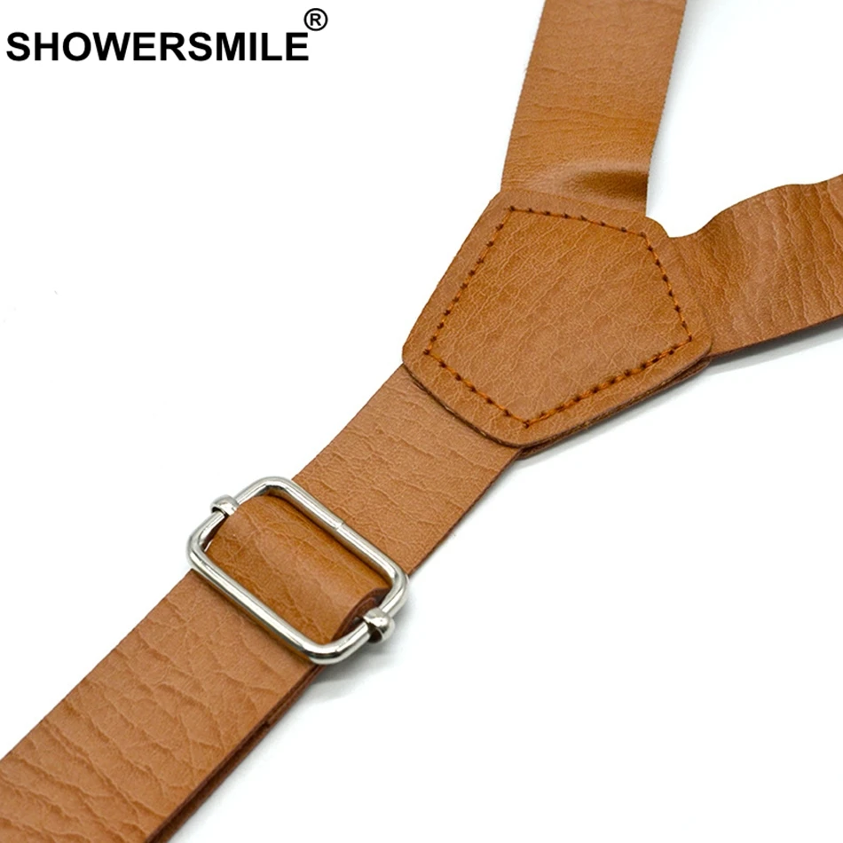 SHOWERSMILE damskie skórzane szelki Khaki męskie szelki z muszką brytyjski styl solidny Unisex Y powrót regulowane spodnie pasek