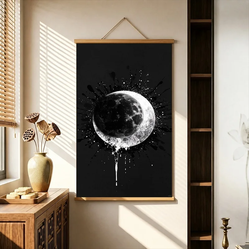 Wall Art Black Ink Moons and Celestial Circles, Zen Minimalism Pearlescent Canvas Wall Hanging Scroll for Meditation Room Decor