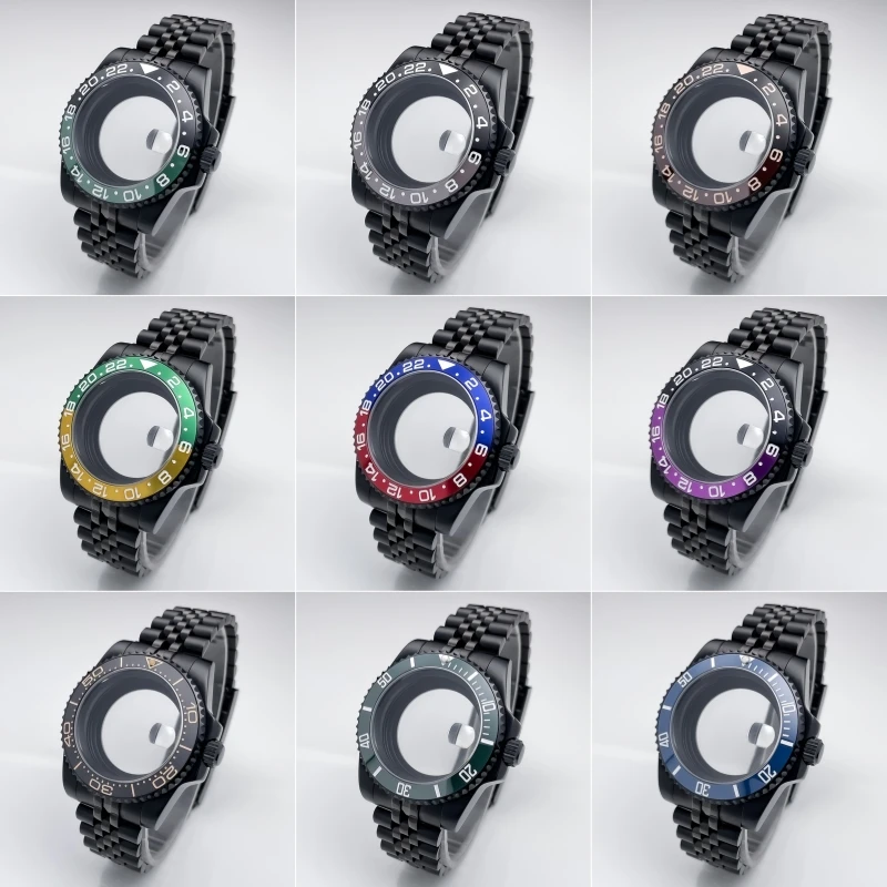 

Корпус NH35 40 мм, юбилейное нержавеющая сталь, сапфировое стекло, полностью черный ремешок Sub GMT Glide Lock для NH35 NH36 NH34 Корпус часов с механизмом