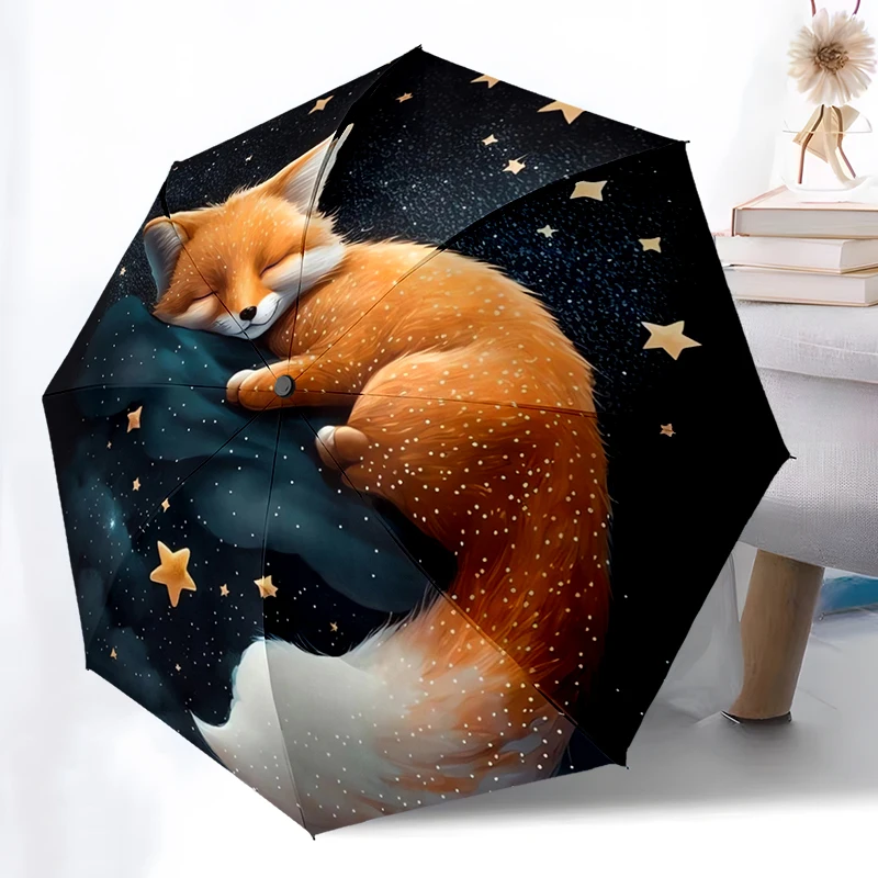 Moon Sleeping Fox Umbrella Automatic Open/close, Sturdy Iron Frame & 8-Rib Structure, Umbrella for Women & Men, Christmas Gifts
