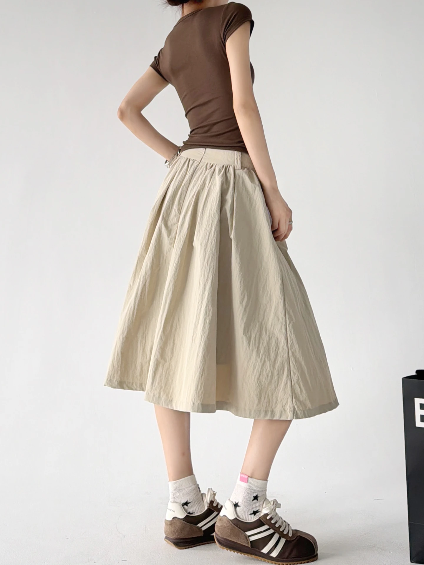 Korean Style Khaki A-Line Midi Skirt Women's Autumn Fashion New Slimming School Style Flower Bud Skirt High Waist Nylon Fabric