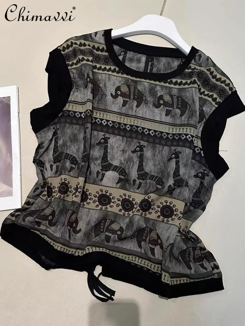 

2025 Summer New Design Sense Fashion Printed Top Temperament Age-reducing Thin Shirt Short-sleeved T-shirt For Women