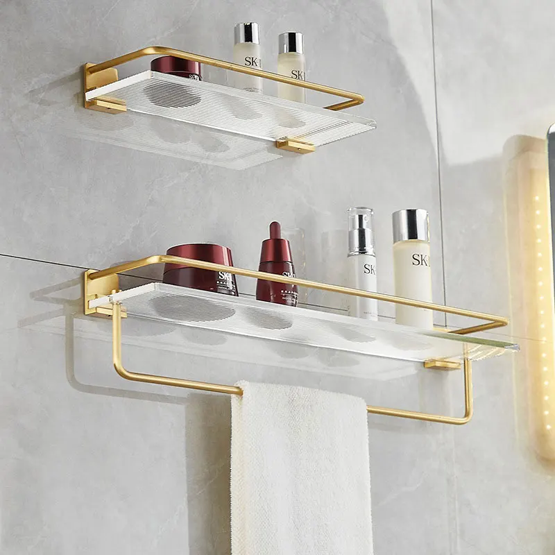 DOOKOLE Bathroom Floating Shelves Gold, Wall Mounted Storage Shelves with Towel Bar for Bathroom, Kitchen, Bedroom