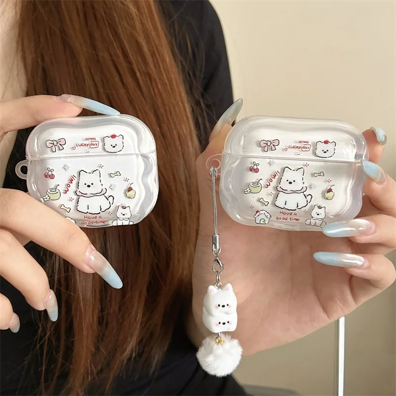 

Kawaii White Dog earphone Case with Pom Pom Keychain for Airpods 1 2 3 4 Pro Pro2 Pro3 Soft IMD Shockproof Cover
