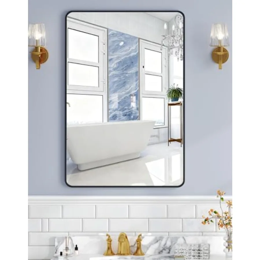 

24x36 Bathroom Vanity Mirror Over Sink, Black Rectangular Aluminum Frame with Rounded Corner Small-Radius,HD Shatterproof Glass