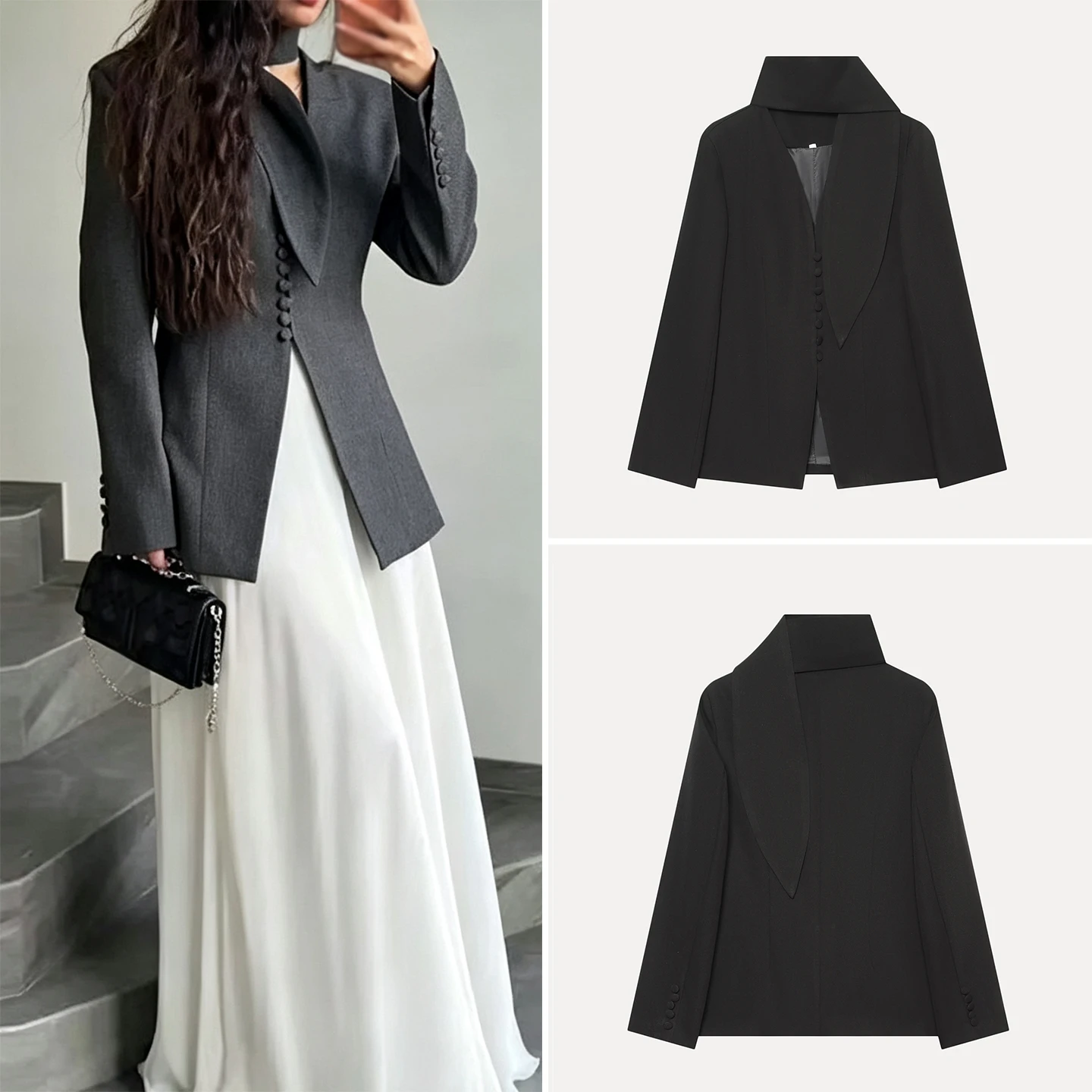 Elegant V-Neck Long Sleeve Women's Suit Jacket Autumn Fashion Slimming Neck Warmer Decorated Standard Fit Short Outerwear