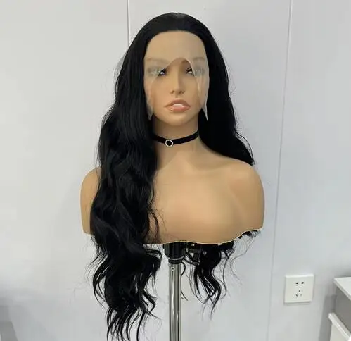 Perucas sintéticas pretas de renda para mulheres, cabelo comprido, corpo ondulado, fibra resistente ao calor, peruca sem cola, uso diário, cosplay