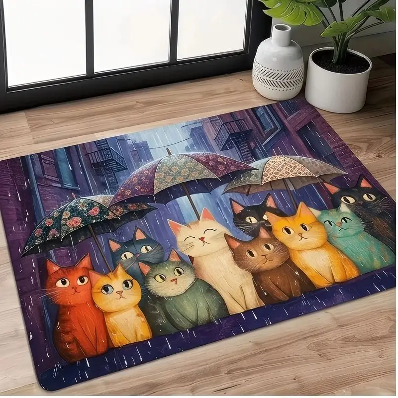 VIKAMA Cute Cats With Umbrella Floor Mat Rainy City Cartoon Non Slip Doormat Soft Absorbent Rug For Bedroom Bathroom Home Decor
