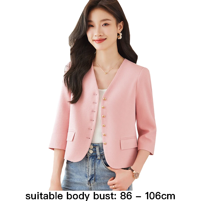 High quality short blazer for women single breasted three quater sleeve new spring 2025 elegant fashion office clothes pink blue