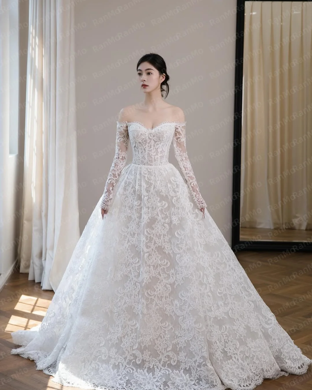 Ranmo 2026 Elegant luxurious White Lace Sweetheart Collar Off the Shoulder Wedding Party Dress A-line Floor-Length Customized