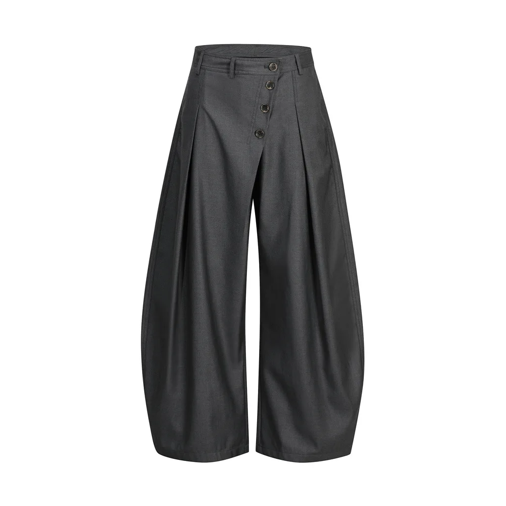 Vorne Geknöpfte Plissierte Laternenhose für Herren Weite Dunkelgraue Anzughose Streetwear Old Money Weit Geschnittene Business-Hose mit Gebogener Form – Detail 11