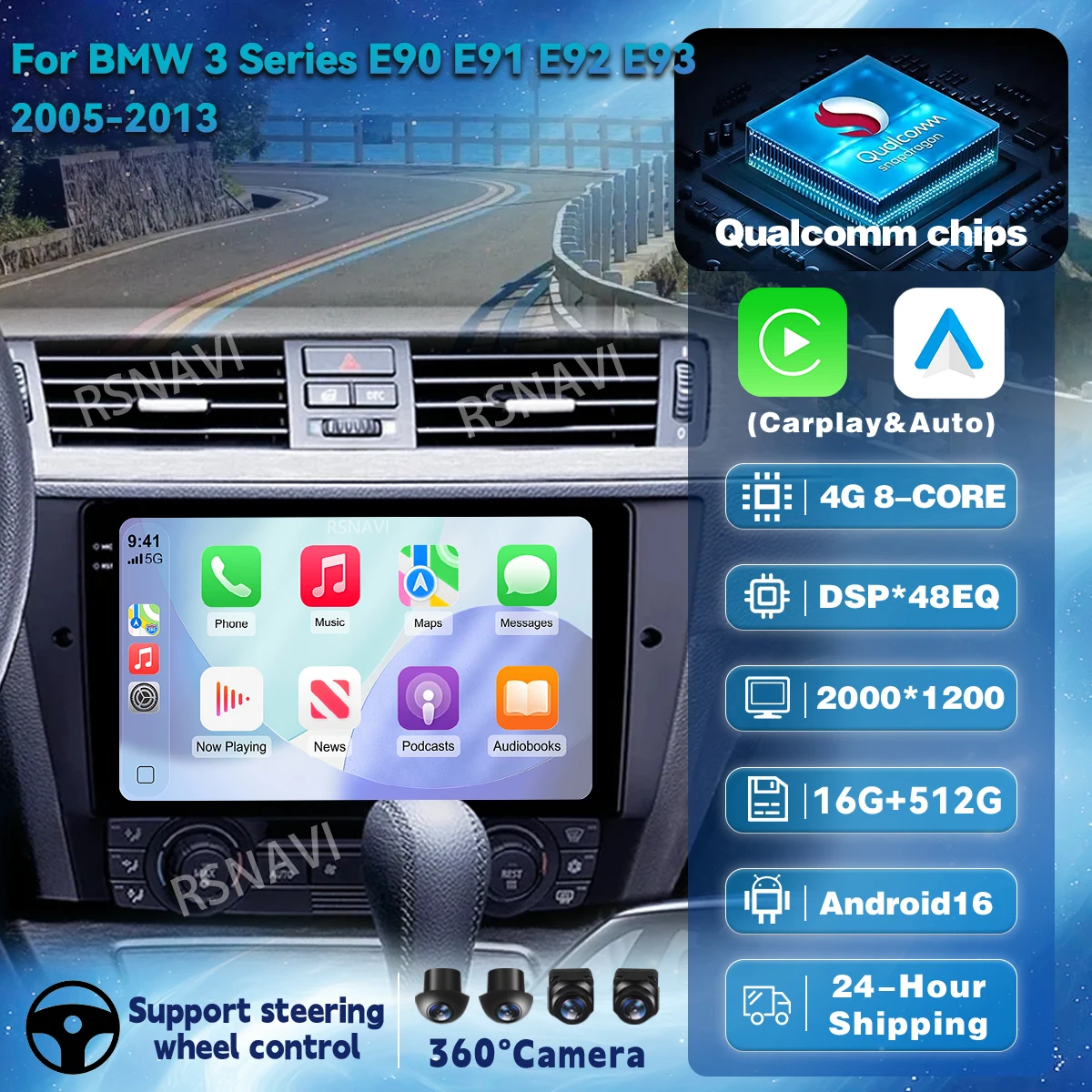 Android 16 Carplay Auto für BMW 3er-Reihe E90 E91 E92 E93 2005 2006 - 2013 Autoradio-Player DSP Navigation Head Unit Video Stereo