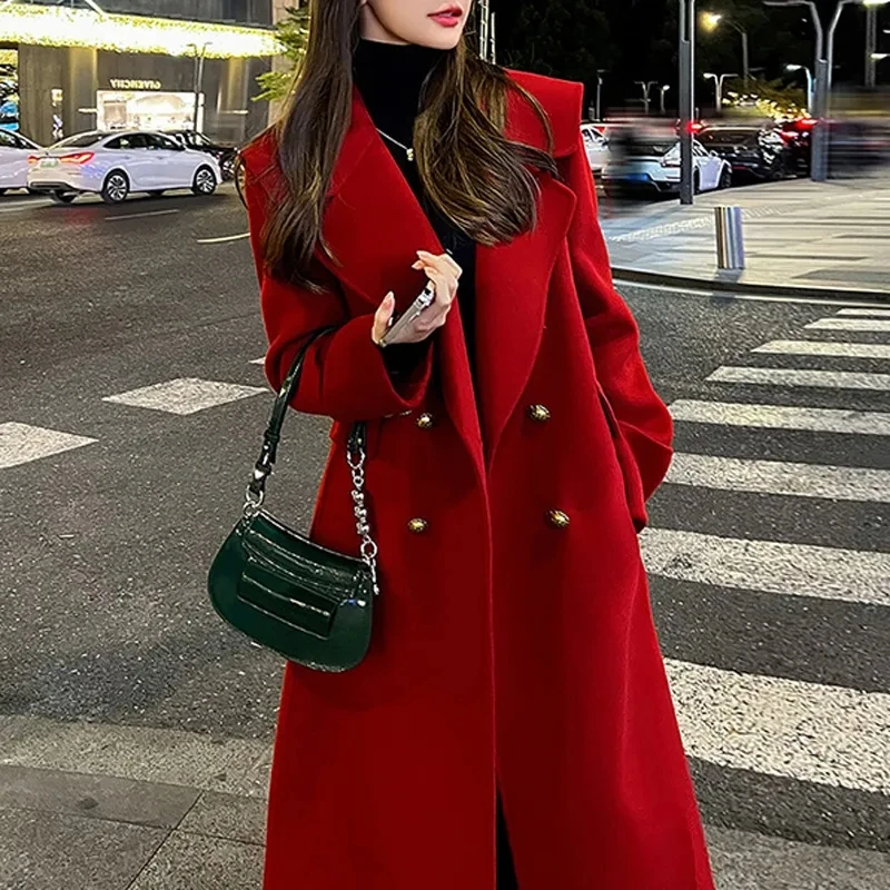 2025 New Autumn Winter Clothing Chic Wool Trenchcoat Jacket Women's Overcoat Korean Loose Mid-Length Double-Breasted Wool Coat