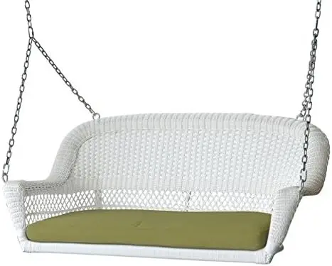 Jeco Wicker Porch Swing in White with Green Cushion