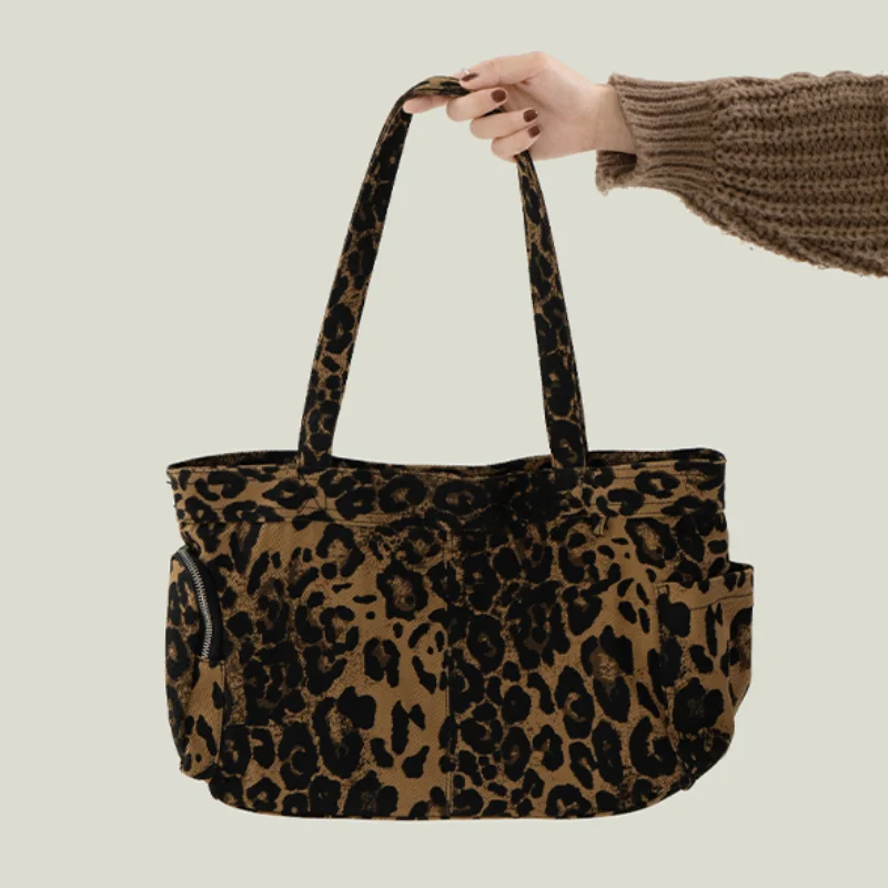 

Retro Leopard Print Shoulder Bag Women's Simple Casual Travel Shopping Large Capacity Zipper Handbag Fashion Versatile Tote Bag