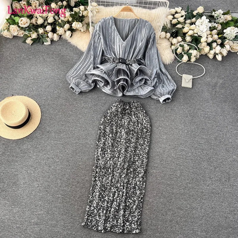 2024High End Skirt Set For Women's Fashion Celebrity: Waistband Ruffle Edge Pleated Top+High Waist Sequin Half Skirt 2-piece Set