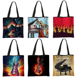 Musical Instrument Print Handbags Music NotesTote Bag Guitar / Violin / Piano Shoulder Bag Women Shopping Bags for Travel