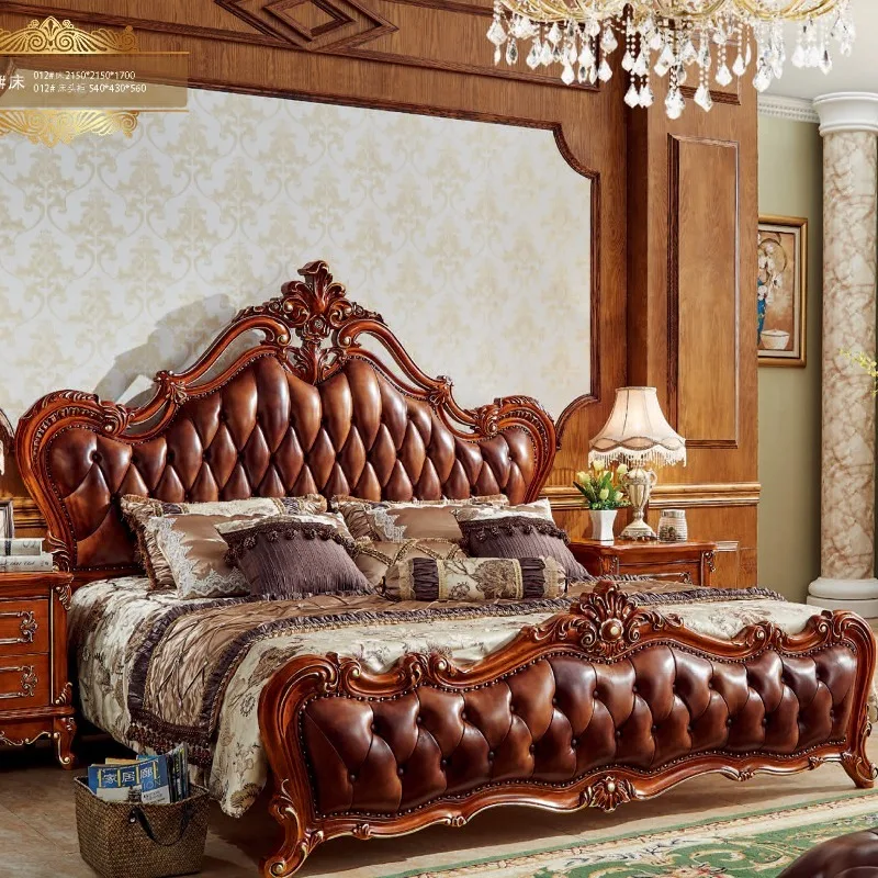 Hot Selling European Luxury Classic Carved Solid Wood Frame Leather Bed French Antique Royal Bedroom Furniture Single Double Bed view 3