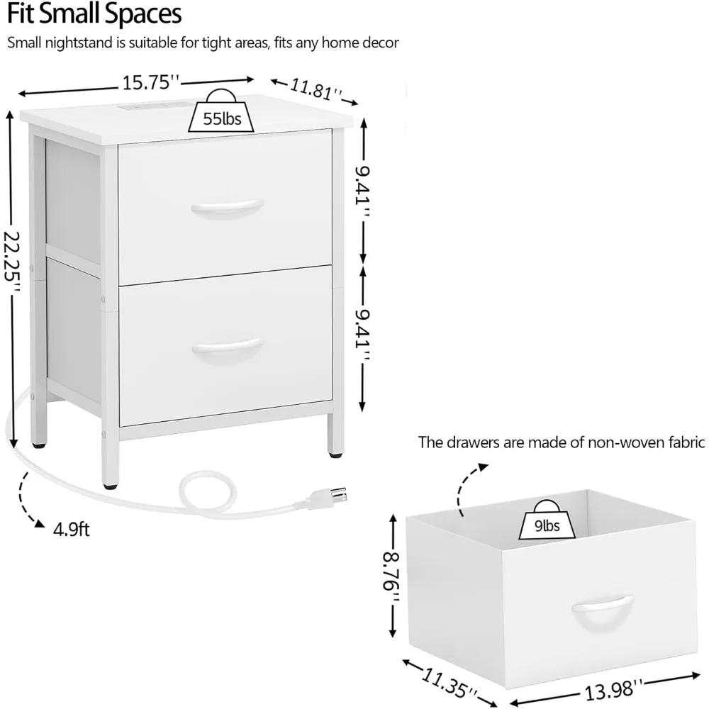 منضدة Vagusicc: طاولة بجانب السرير مع منافذ ومخرج شحن USB، طاولة نهاية قماش ذات درجين #3
