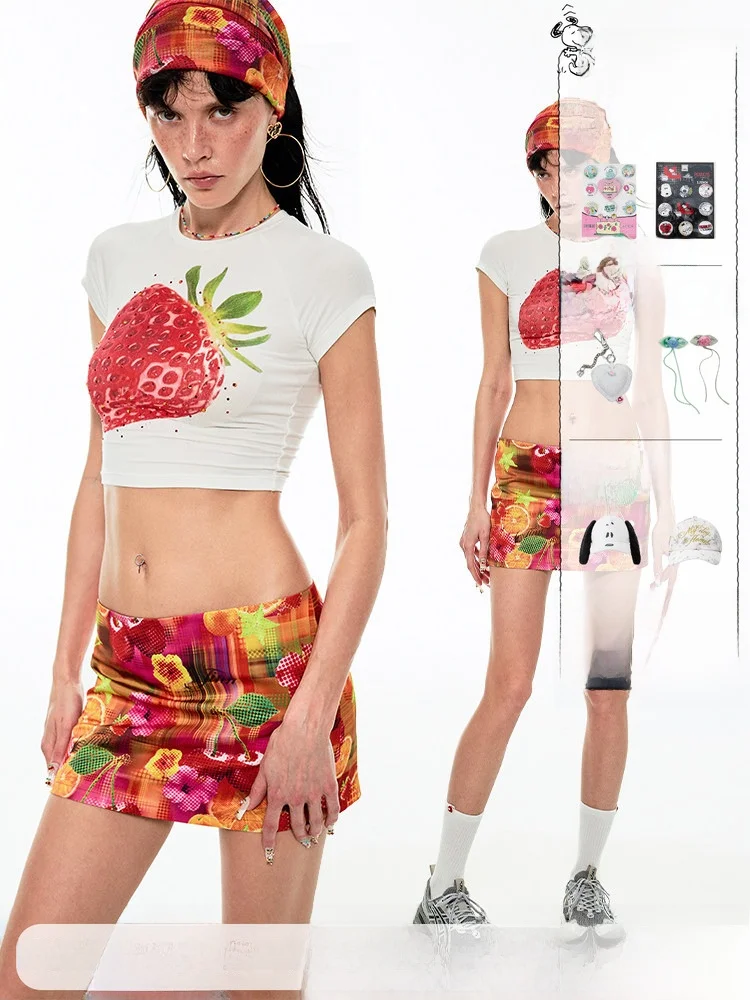 

Summer Fruit Print High Elastic Short T-Shirt 1JINN STUDIO Skin-friendly Glitter Short Sleeve round Neck Top for Women