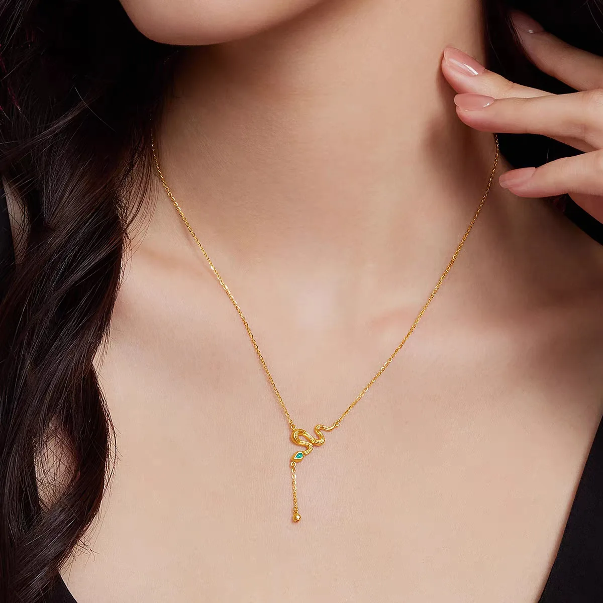 Tassel Snake Necklace 9999 24K Real Gold Women's Style Light Luxury High-end Feeling Zodiac Set Chain Collarbone Gift Girlfriend