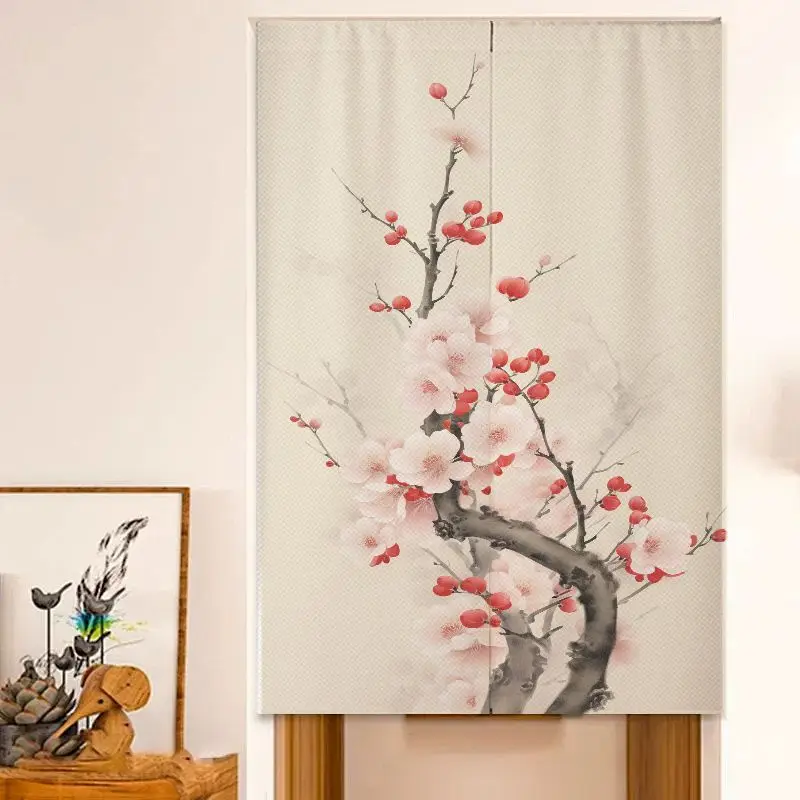 VIKAMA Chinese Style Noren Door Curtain Ink Plum Blossom Print Room Divider Teahouse Entrance Oriental Hanging Decor Curtain