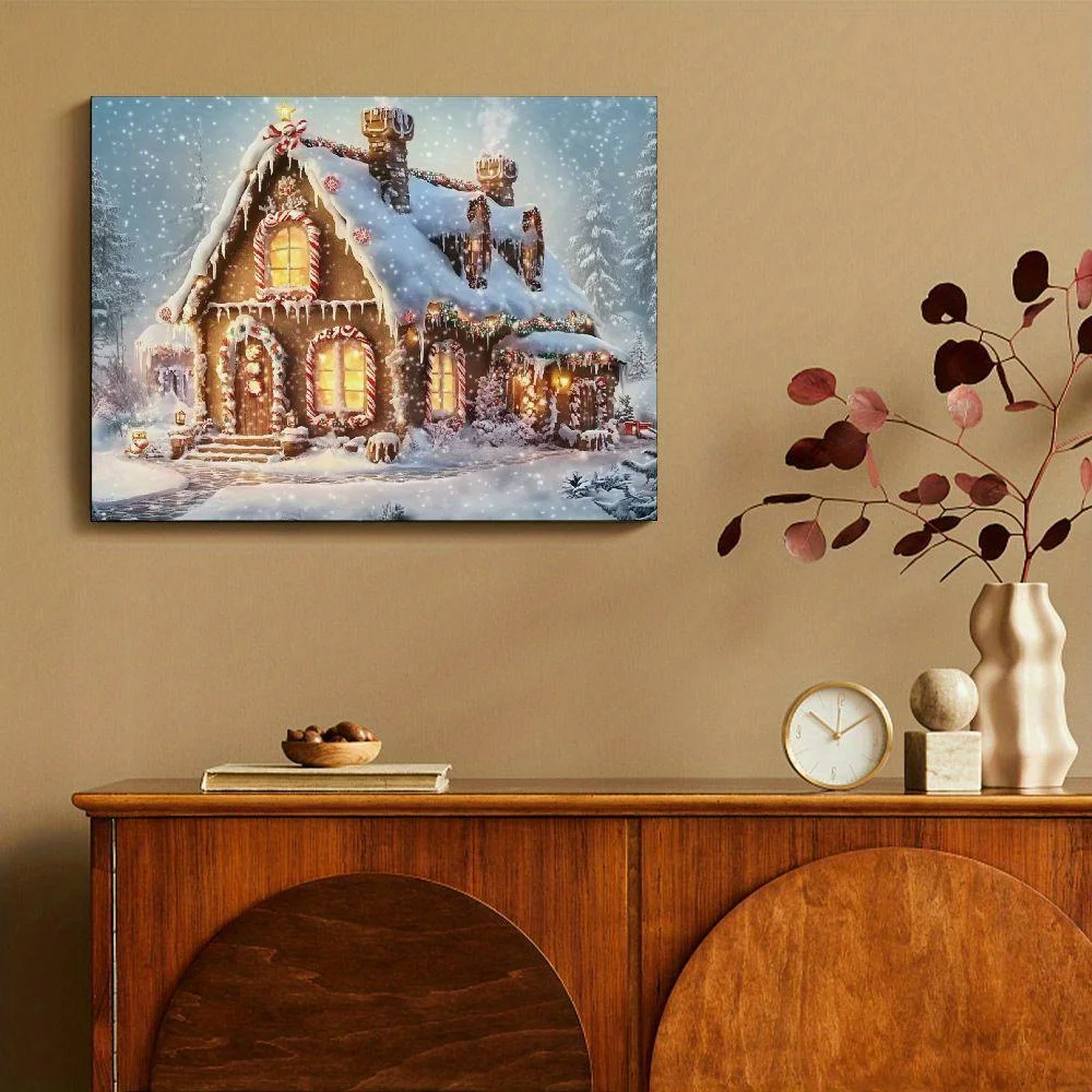 Lienzo de paisaje navideño, cabaña rústica, decoración Mural de pueblo de nieve de Navidad, dormitorio, sala de estar, comedor, enmarcado, 1 ud.