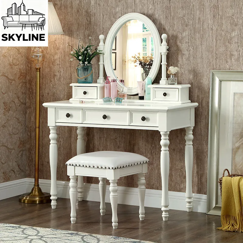 Compact Solid Wood Vanity Desk, European Minimalist Makeup Dresser for Small Apartment