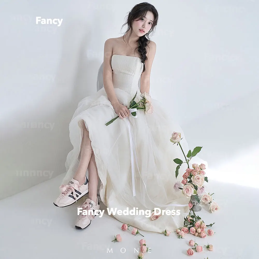 

Fancy Princess Strapless A Line Wedding Dress Korea Photo Shoot A Line Soft Tulle Bridal Gown Back Corset Customized