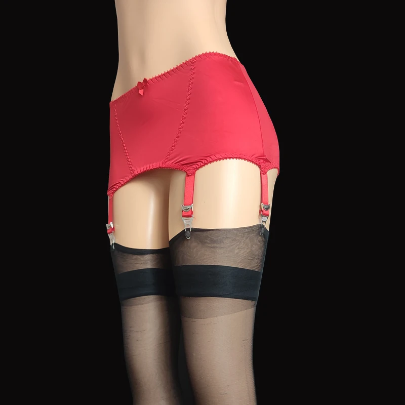 Sabuk Garter Satin halus Vintage merah sabuk Suspender ikatan simpul seksi wanita 6 tali klip Garter untuk stoking Lingerie eksotis