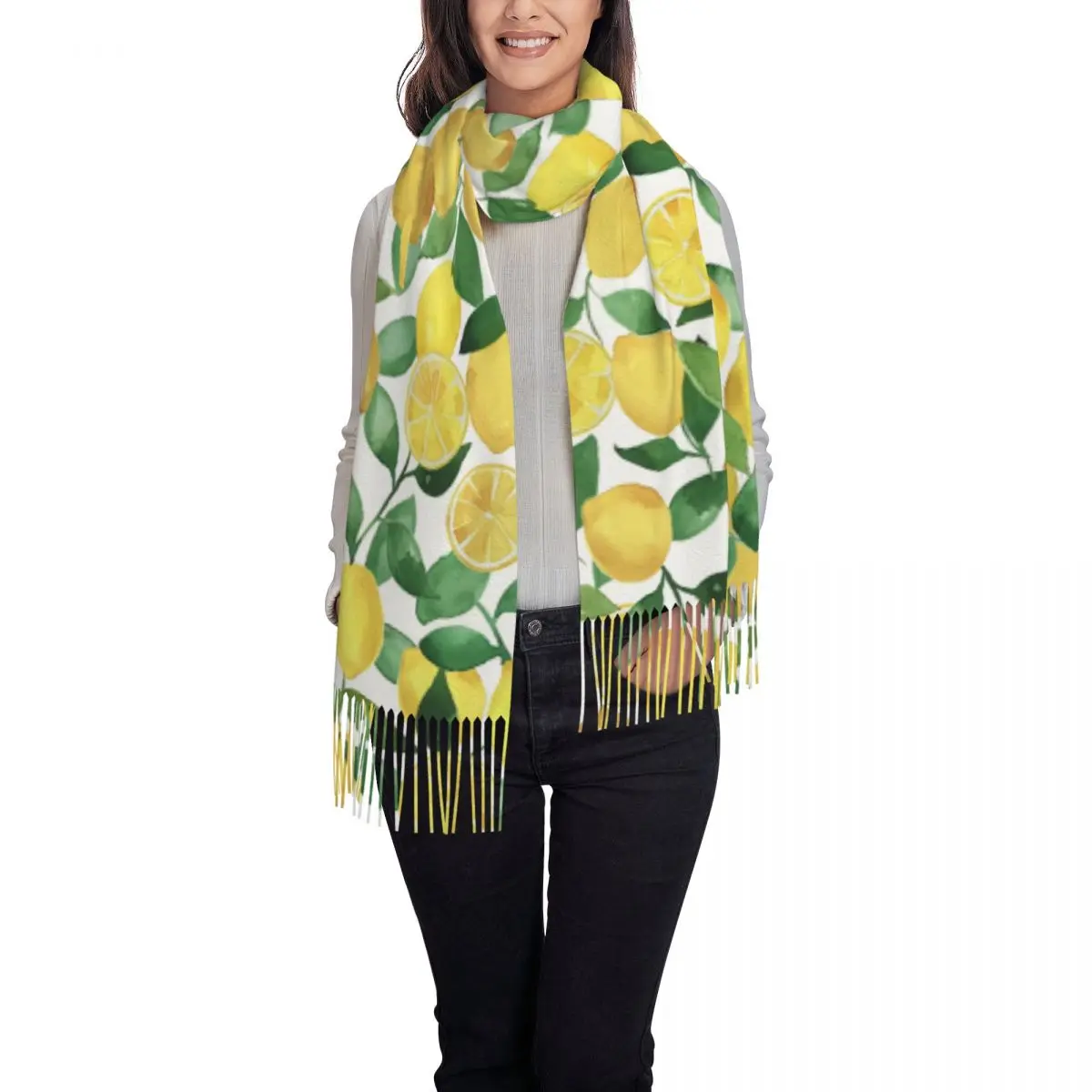Citrus Lemons Tree Foliage Blossom And Leaf Scarf Tassel Scarves for Women Soft Warm Shawl and Wraps Long Fall Winter Shawl Wrap