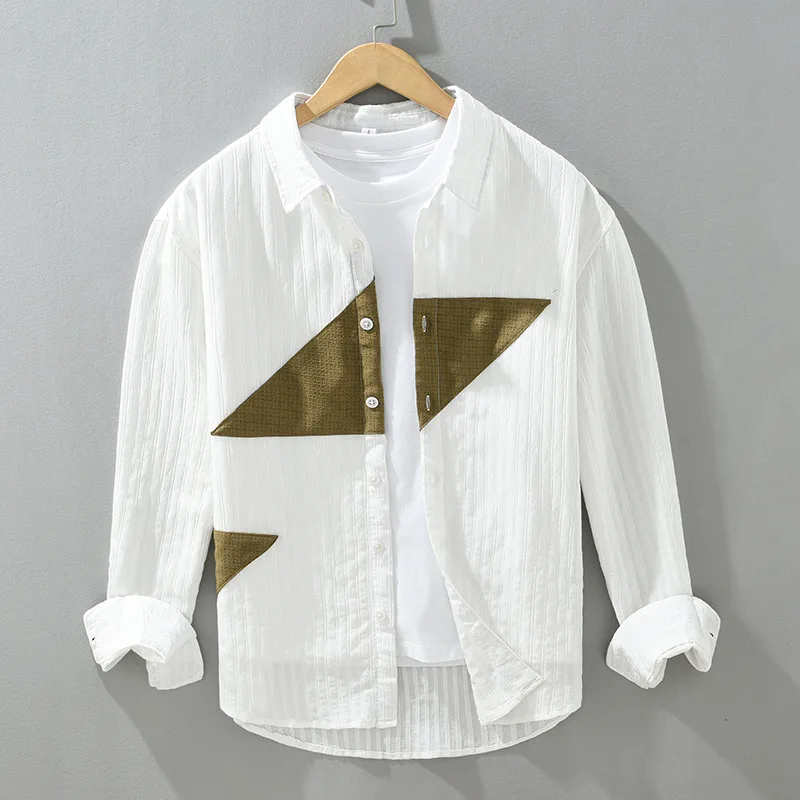 

Мужская повседневная рубашка из чистого хлопка с длинным рукавом, в полоску, с контрастными цветовыми блоками, свободного кроя, для весны и осени