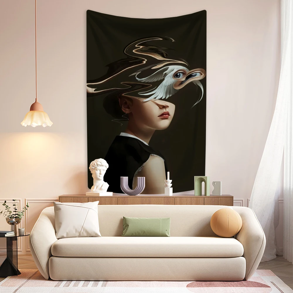 Surrealistic Illustration Tapestry Blurred Girl Printed Wall Hanging Aesthetic Room Decoration Dormitory Background Cloth