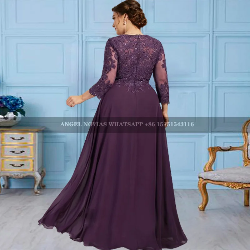 Long Sleeves Plus Size Purple Chiffon Mother of the Bride Dress Wedding Party Dress Robes Invitee Mariage