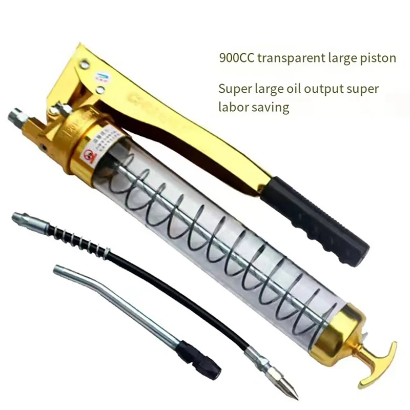 Manual Grease Gun 900CC Double Pressure Rod Gold Paint Transparent Barrel Body Double Piston Is More Labor-saving