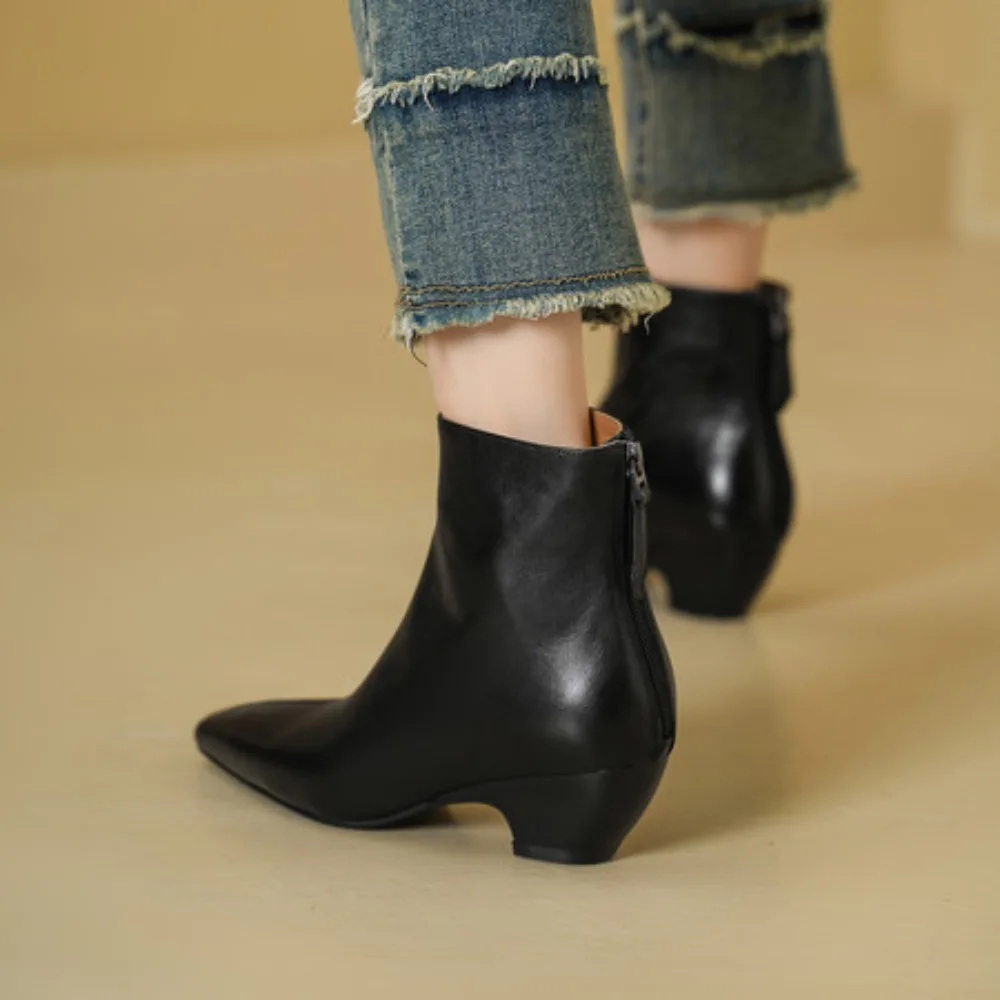 Street Style Vintage Pointed Toe Zipper Women Ankle Boots Genuine Leather Autumn Winter Fashion Square Heel Shoes Botas Mujer - view 6