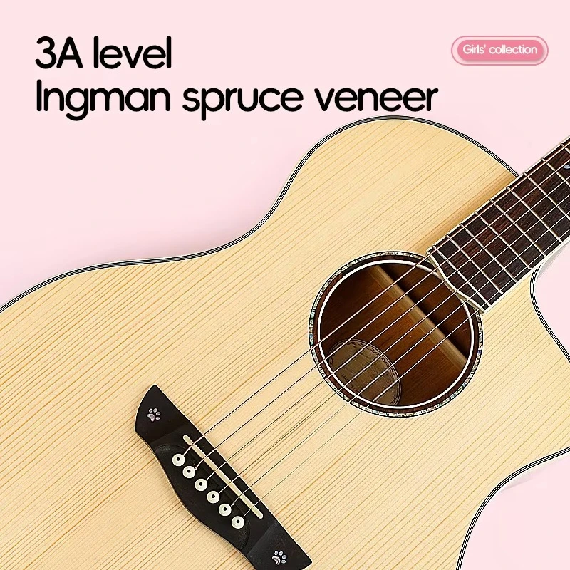 Spruce Top Soild Pink and Natural Color High-gloss Acoustic Guitar Gift for Girls
