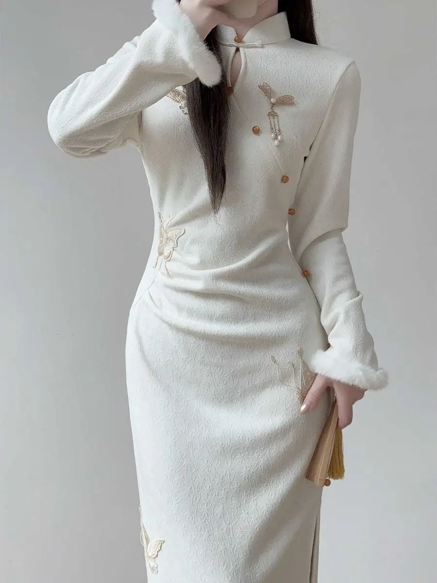 

New Chinese Sle Ele National Faion Long Dr High Collar Full Sve Mid-Length Polyester Fiber Daily Wear