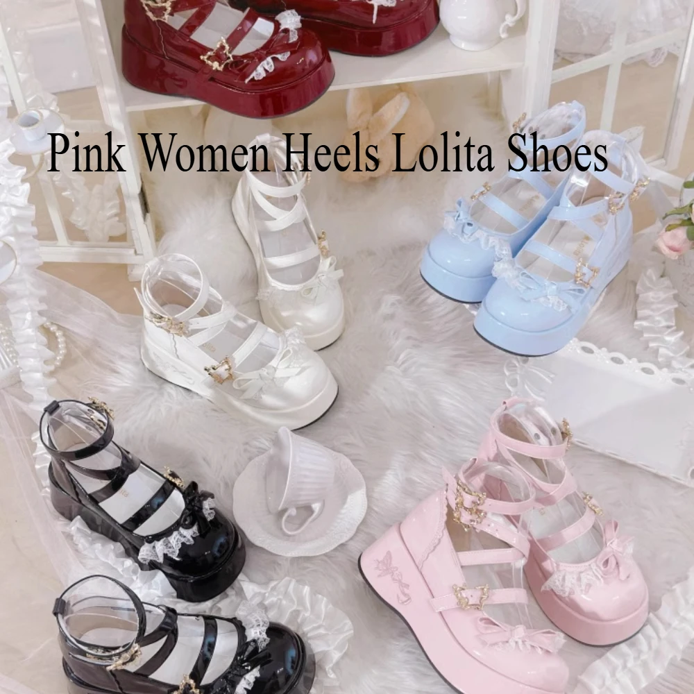 الوردي النساء الكعوب لوليتا أحذية منصة ماري جين أحذية ستار مشبك حزام الفتيات برشام حذاء كاجوال Kawaii مضخات #3