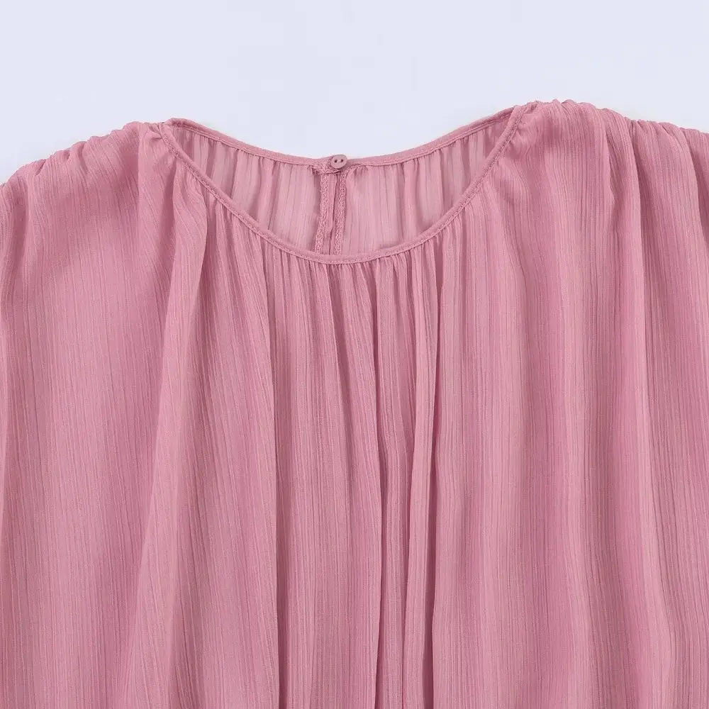 2026 New Summer Women's Vintage Sheer Ruched Pleated Pink Blouse Lady Elegant O-Neck Batwing Sleeve Elastic Waist StreetCrop Top