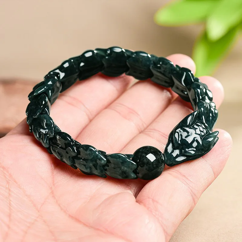 Natural High-end Dark Blue Jadeite Exquisitely Carved Dragon Bone Jade Bracelet Fashionable Gift Men and Women Couples Amulet