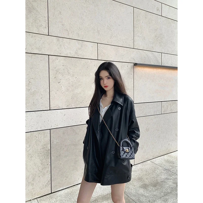 

24AW Women's Autumn Leatherjacket Short Black, Loose, Faux Sheepskinjacket Gisell* Tie Bow Fashion High Street Retrojacket Women