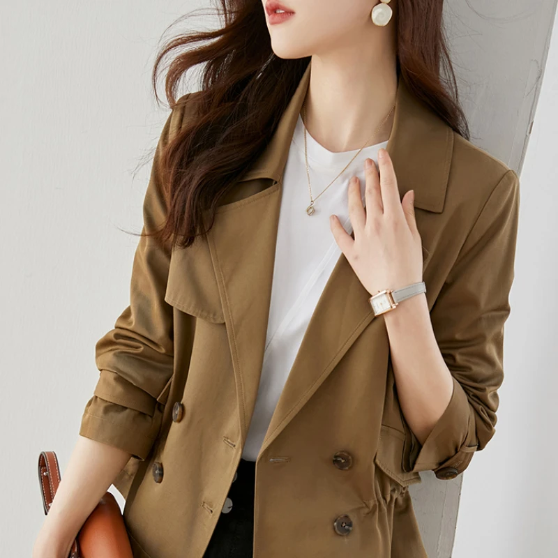 2023 New Jackets Autumn Winter Clothes Short Trench Coat for Women Korean Fashion Double Breasted Full Sleeve Spring