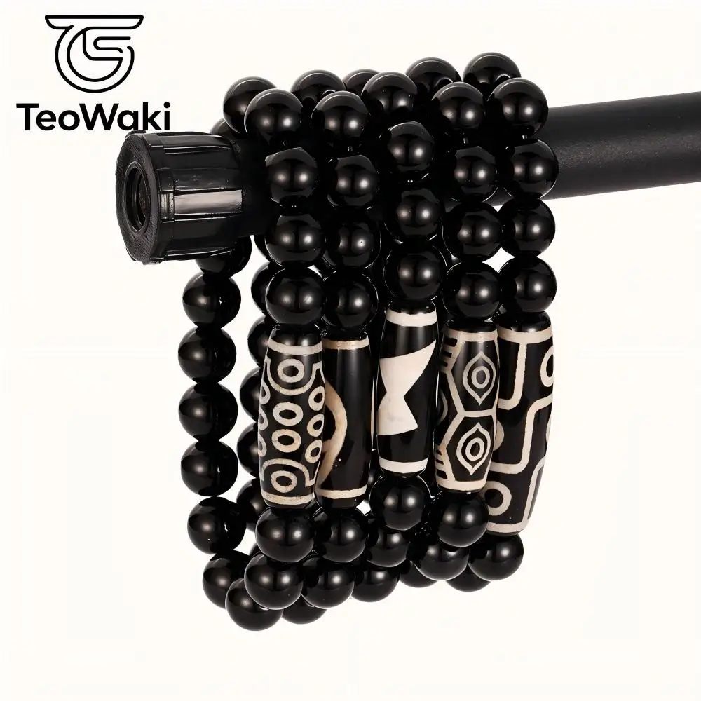 TeoWaki Black Onyx Bead Bracelet Men Women 10x30mm Style Agate Bar with Round Black Beads Stretch Bracelet Jewelry Gift 19cm